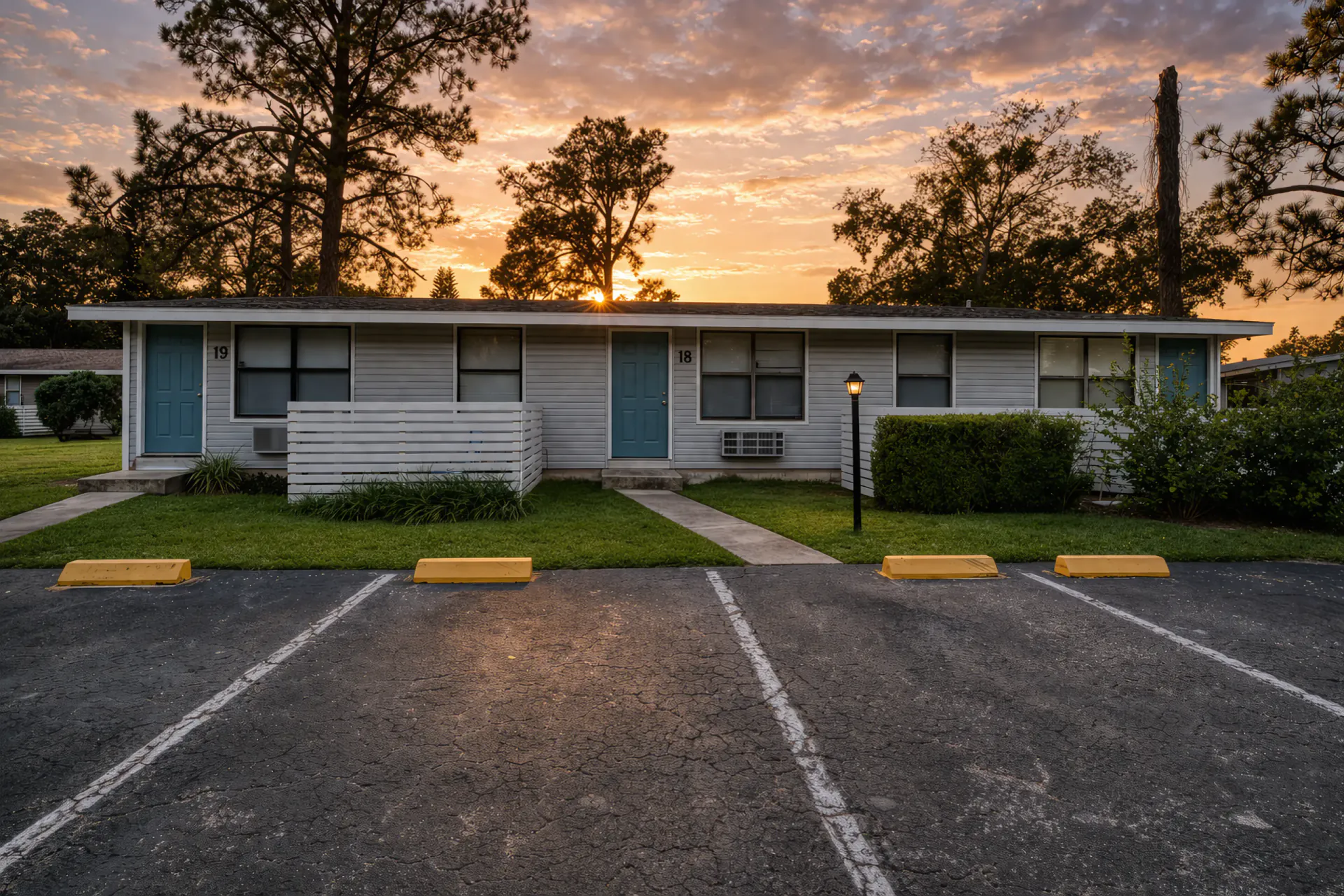 Stone Cove single-story apartment homes at sunset